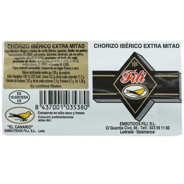 Chorizo Ibérico extra Fili 500 gramos Salamanca - Imagen 2